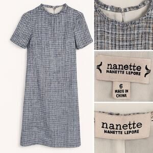 Nanette Lepore Size 6 Tweed Dress Blue Multicolor Metallic Short Sleeve Zip Back